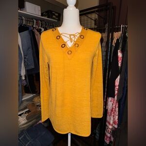 Mustard Lace-Up Grommet V-Neck Tunic Sweater